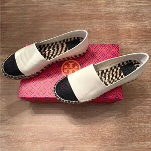 Tory Burch Black and Cream Moccasins